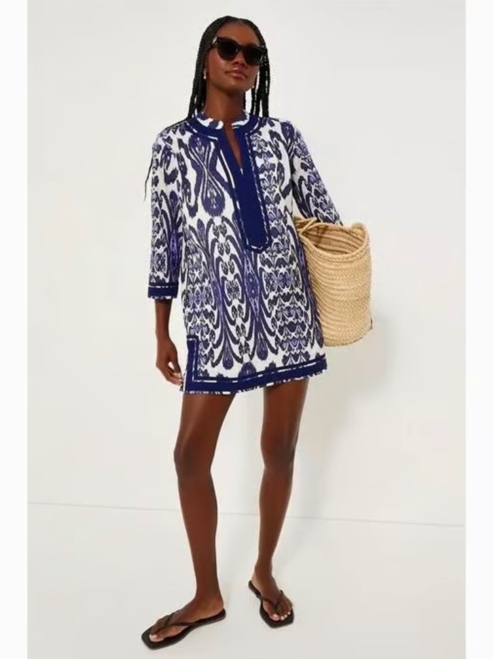 Beach ready Ros Garden blue & white ikat tunic top/minidress/coverup  S